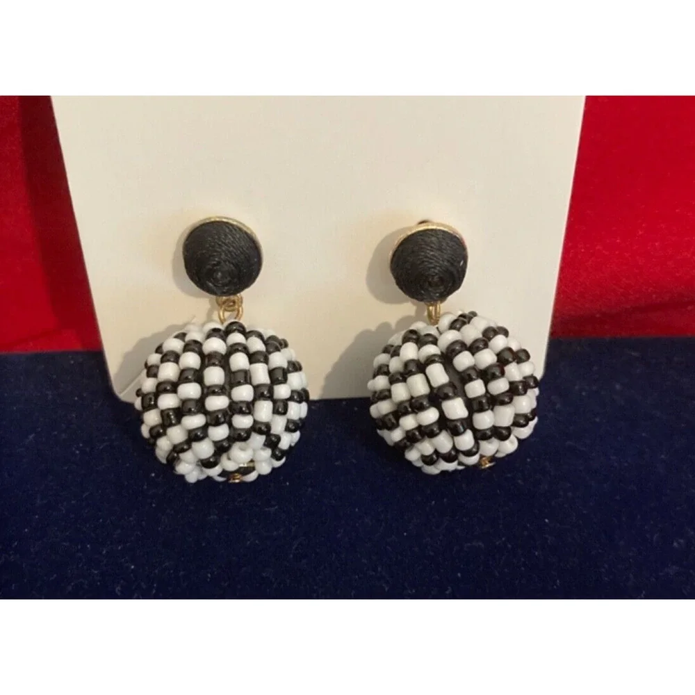 Earrings Seed Beads, Beaded Balls Navy & White Handmade‎ Nautical Boho